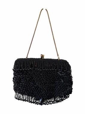 Vintage 1950s 60s Hong Kong Black Fringe Beaded Sequin Evening Bag Purse